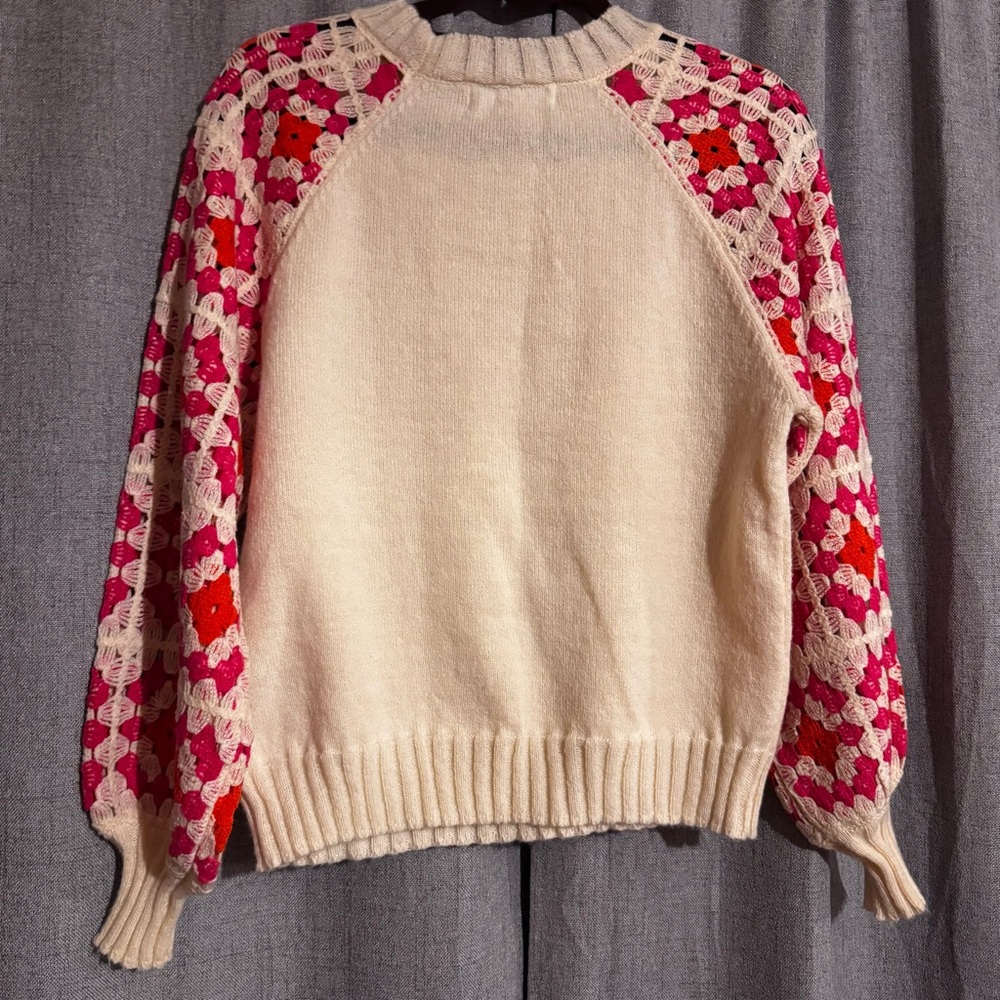Bunulu Women’s Small Cream Sweater Crochet Granny Square Sleeves Boho Wool Blend - Picture 3 of 10